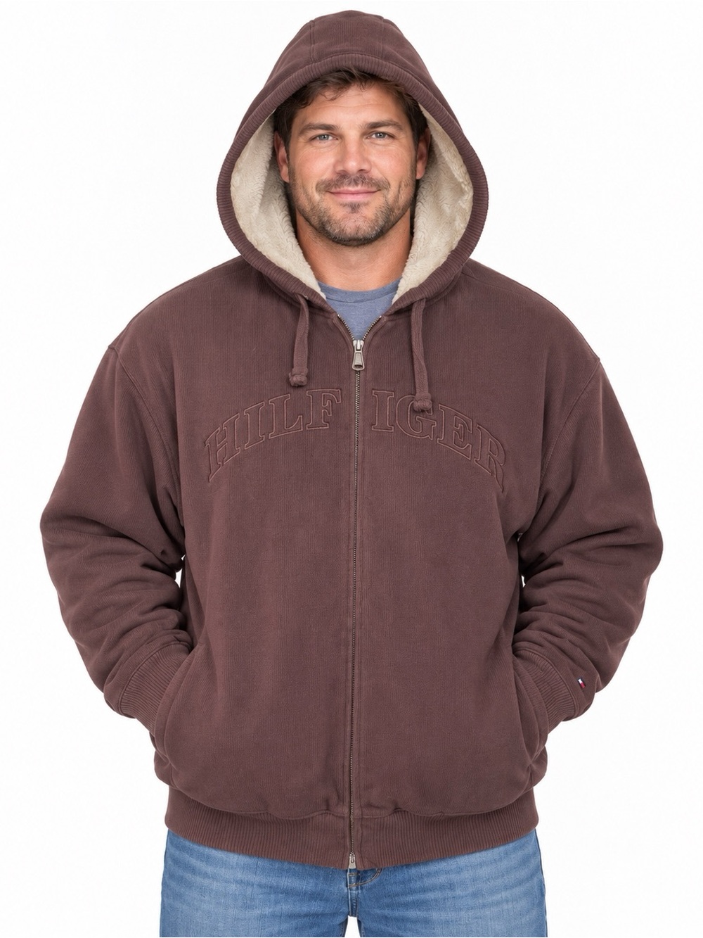 Tommy Hilfiger Men’s XL Brown Sherpa Lined Heavyweight Full Zip Hoodie Logo